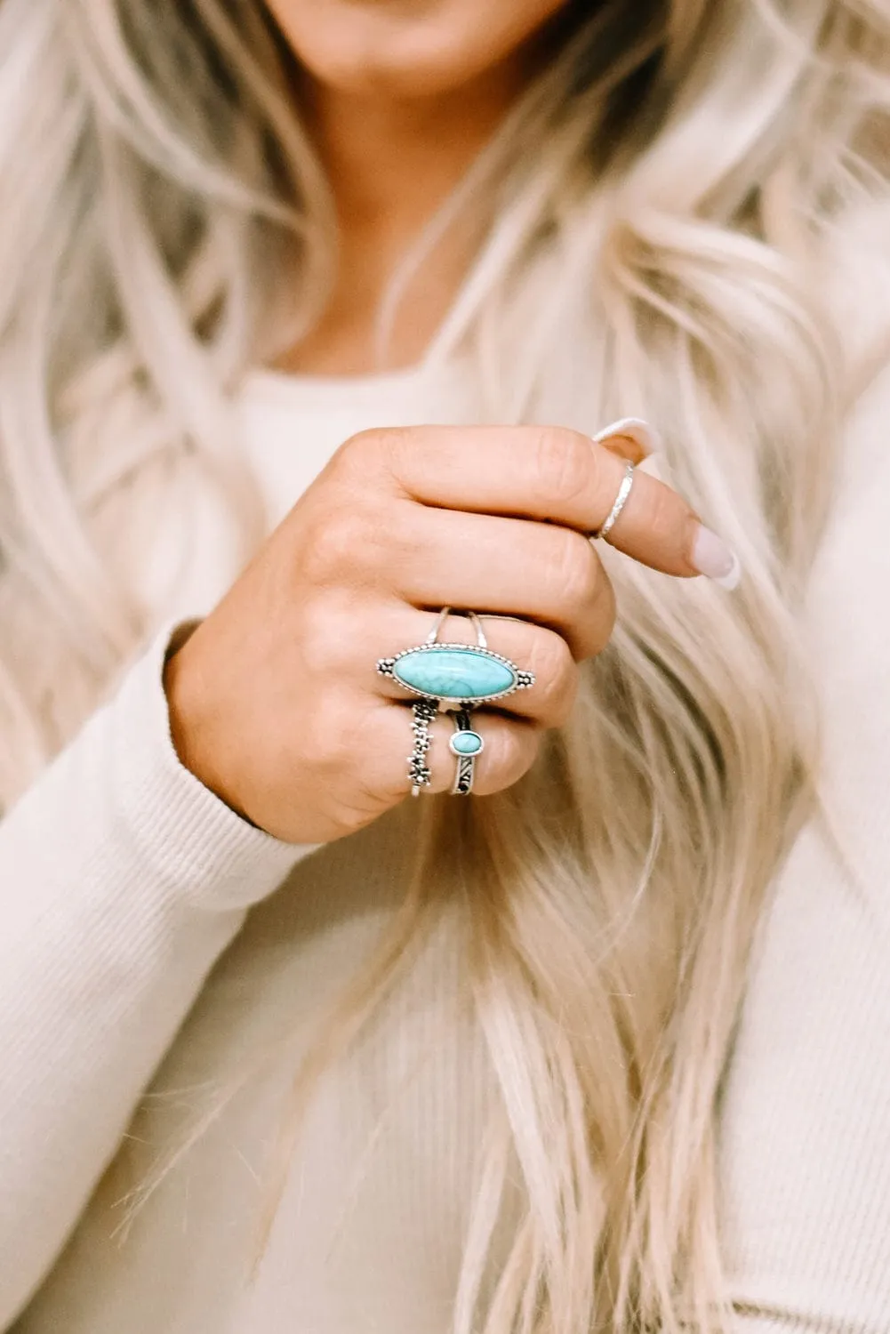 Bohemian Turquoise Rhinestone Ring Collection - Set of 8 Vintage Silver Rings