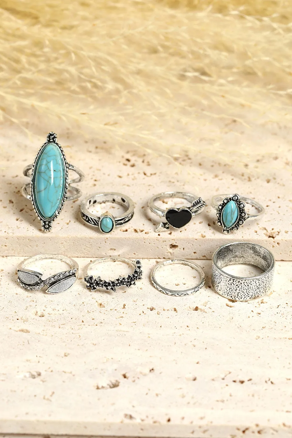 Bohemian Turquoise Rhinestone Ring Collection - Set of 8 Vintage Silver Rings