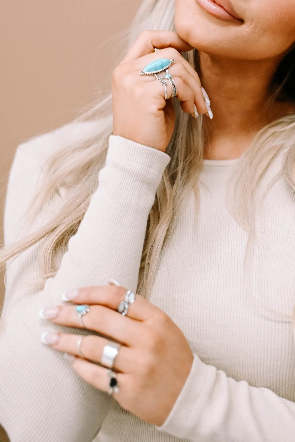 Bohemian Turquoise Rhinestone Ring Collection - Set of 8 Vintage Silver Rings