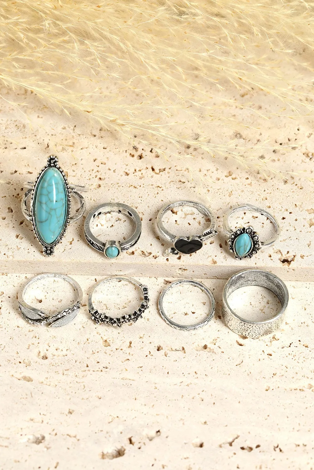 Bohemian Turquoise Rhinestone Ring Collection - Set of 8 Vintage Silver Rings