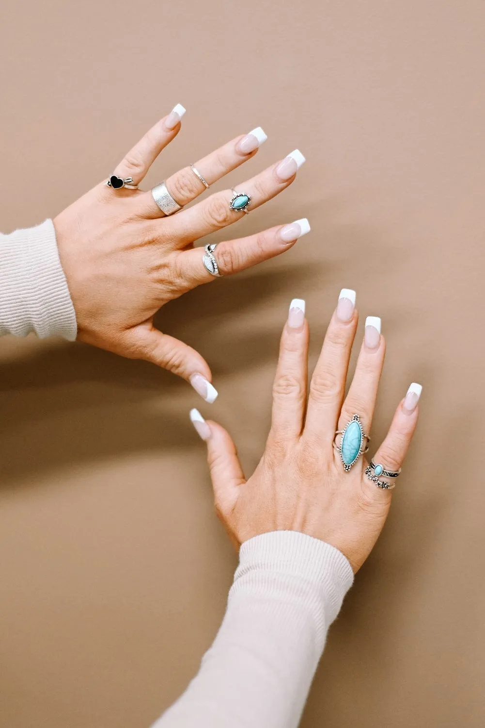Bohemian Turquoise Rhinestone Ring Collection - Set of 8 Vintage Silver Rings