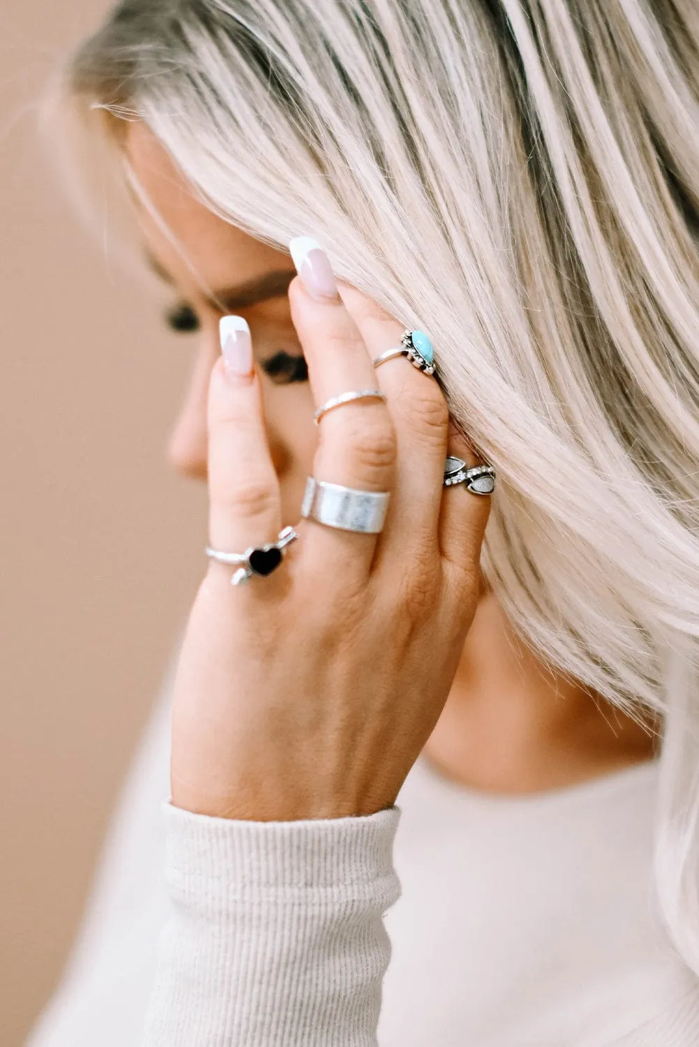 Bohemian Turquoise Rhinestone Ring Collection - Set of 8 Vintage Silver Rings