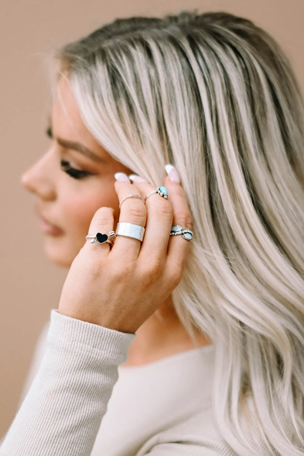 Bohemian Turquoise Rhinestone Ring Collection - Set of 8 Vintage Silver Rings