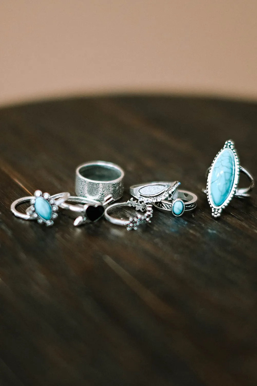 Bohemian Turquoise Rhinestone Ring Collection - Set of 8 Vintage Silver Rings