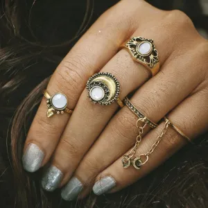 Boho Tibetan Moon And Sun Midi Rings - 5pcs/Set