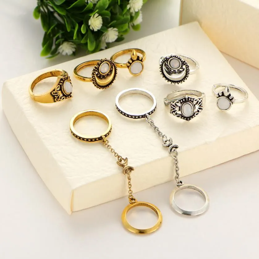 Boho Tibetan Moon And Sun Midi Rings - 5pcs/Set