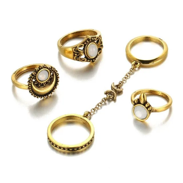 Boho Tibetan Moon And Sun Midi Rings - 5pcs/Set