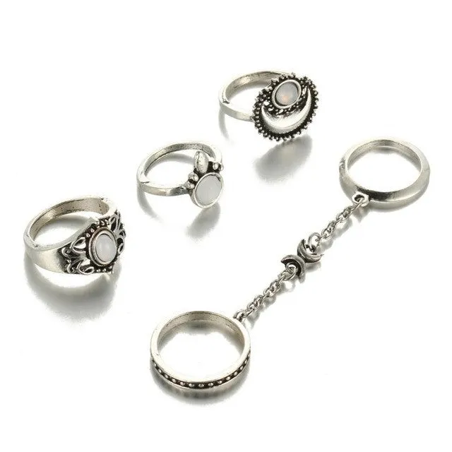 Boho Tibetan Moon And Sun Midi Rings - 5pcs/Set
