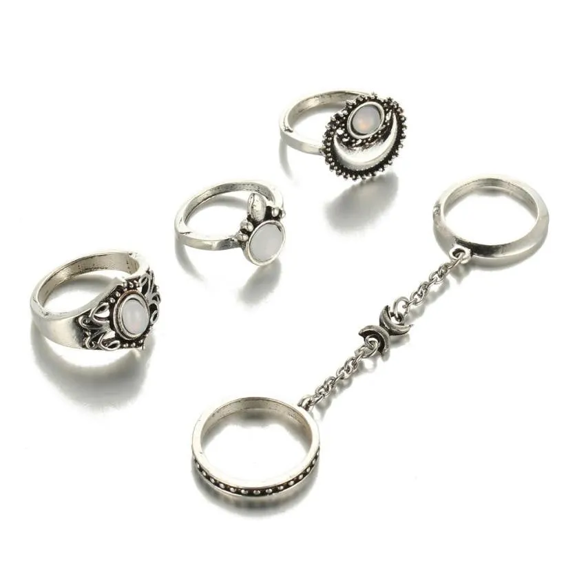 Boho Tibetan Moon And Sun Midi Rings - 5pcs/Set