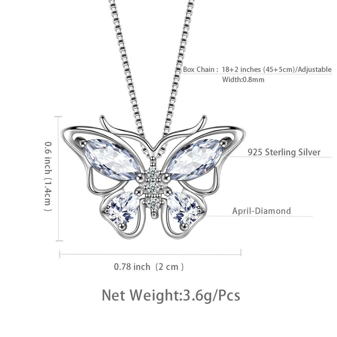 Butterfly Pendant Necklace Birthstone April Diamond Women Girls Jewelry Birthday Gift