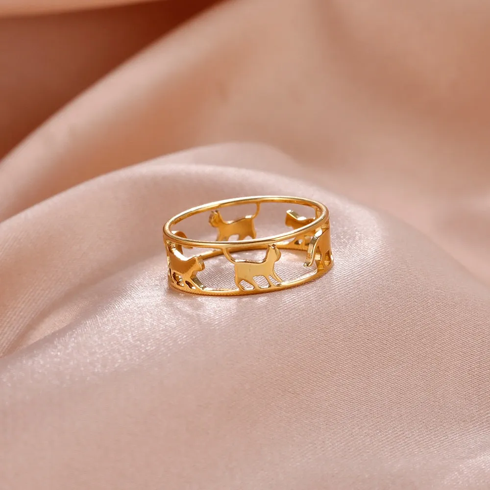 Cazador Hollow Walking Cats Women&#39;s Ring Birthday Mother Day Gift Stainless Steel Animal Cute Kitten Finger Rings Jewelry 2023