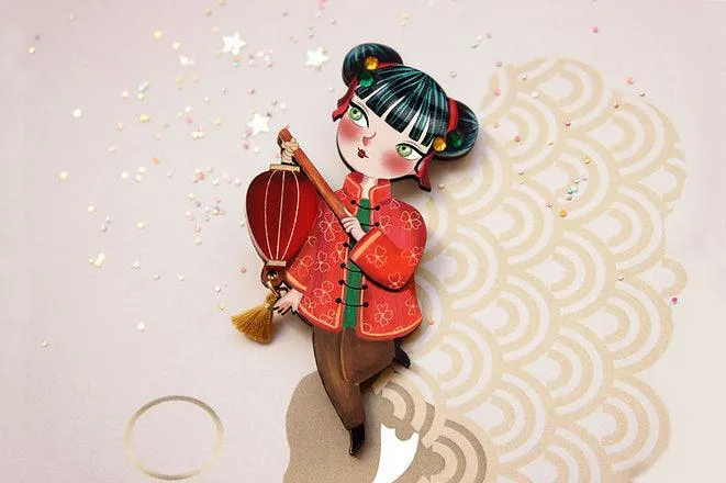 Chinese Girl Lantern Brooch by Laliblue