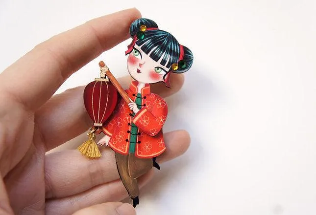 Chinese Girl Lantern Brooch by Laliblue