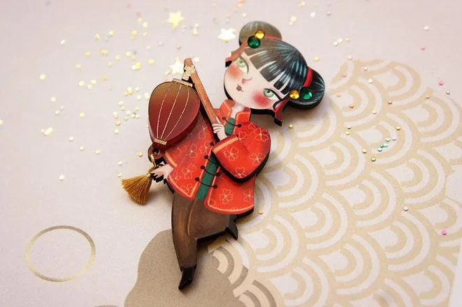 Chinese Girl Lantern Brooch by Laliblue