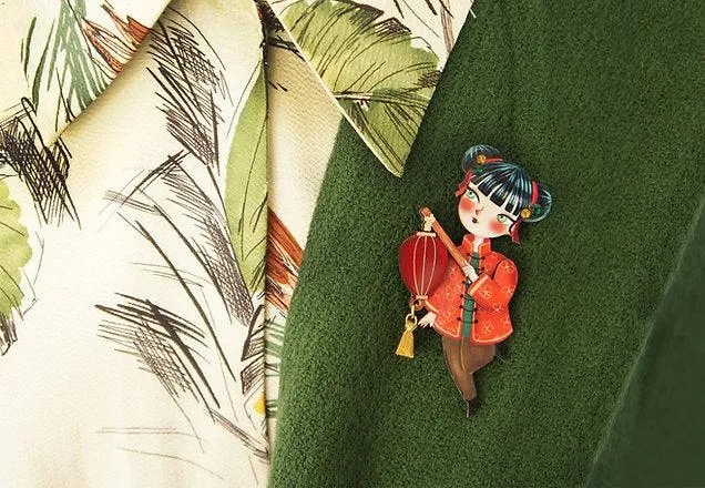 Chinese Girl Lantern Brooch by Laliblue