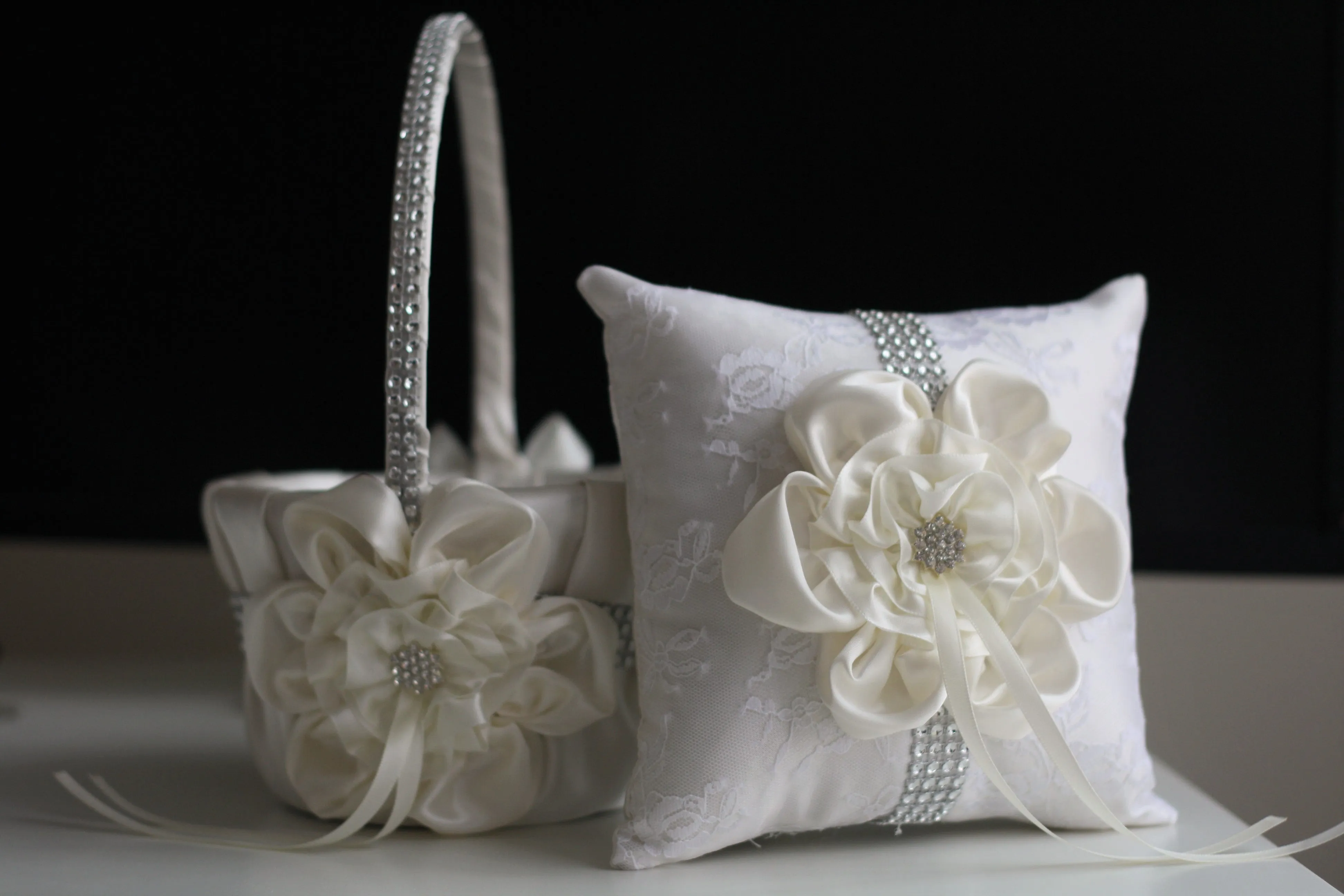 Custom Flower Girl Basket and Ring Bearer Pillow Set