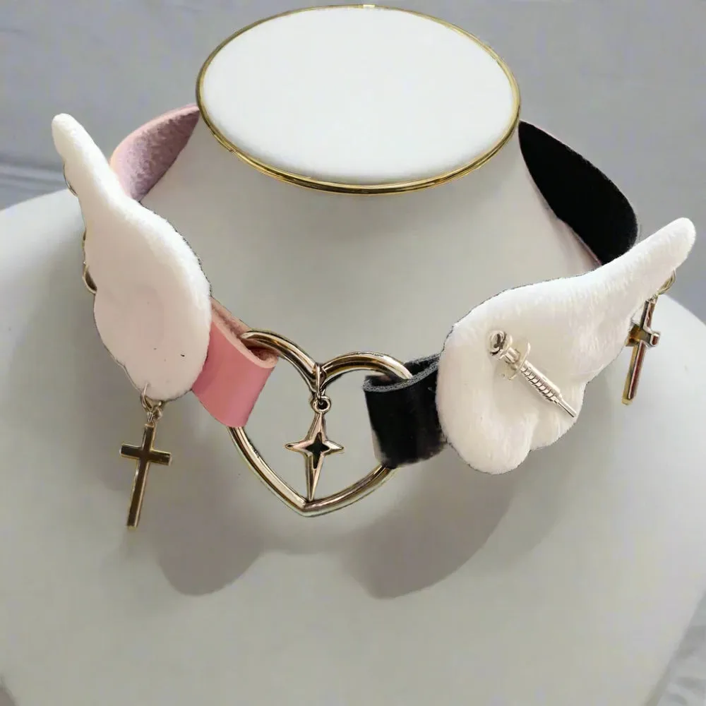 Cute Plush Winged Heart Necklaces with Cross and Sword Charms