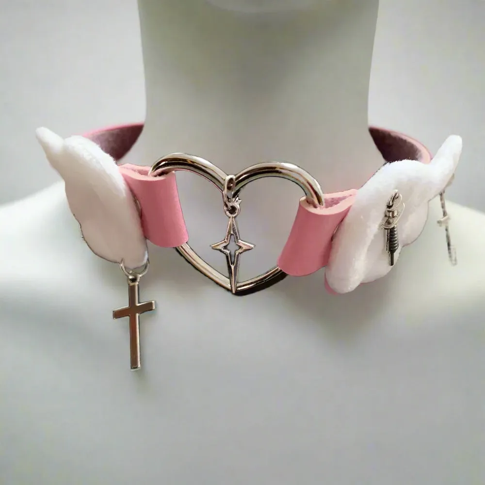 Cute Plush Winged Heart Necklaces with Cross and Sword Charms