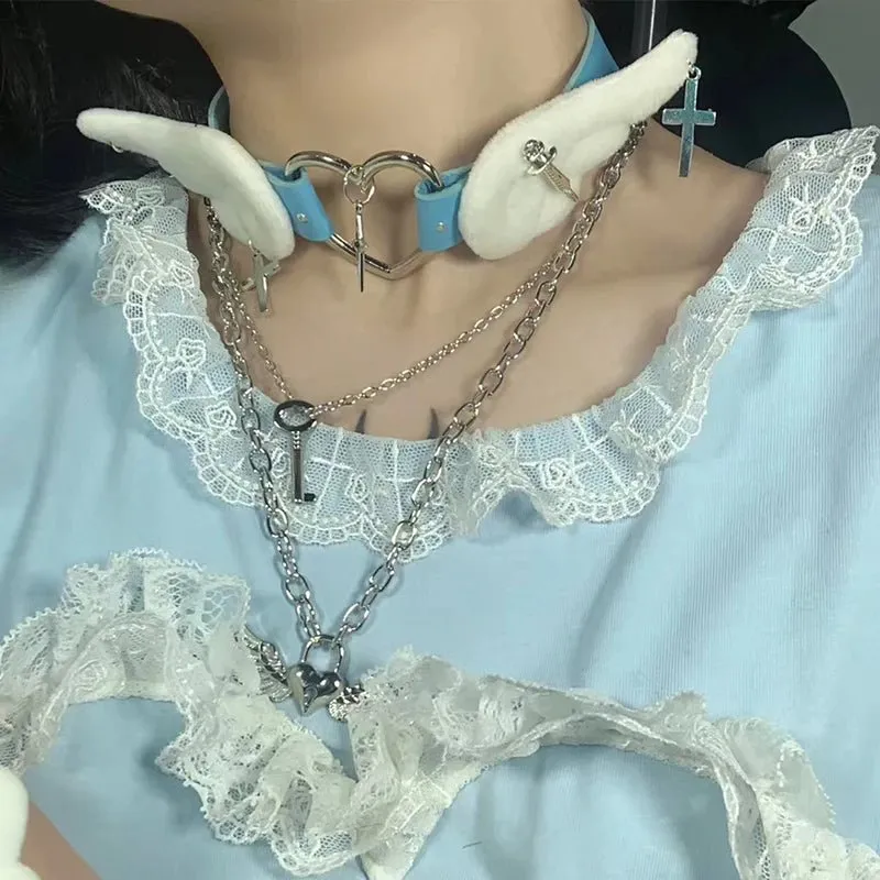 Cute Plush Winged Heart Necklaces with Cross and Sword Charms