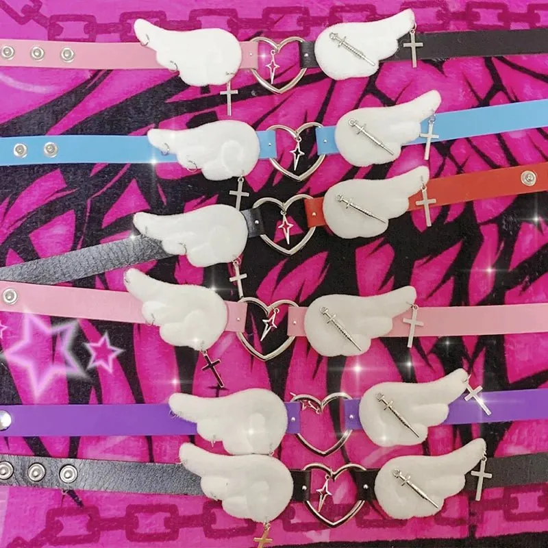 Cute Plush Winged Heart Necklaces with Cross and Sword Charms
