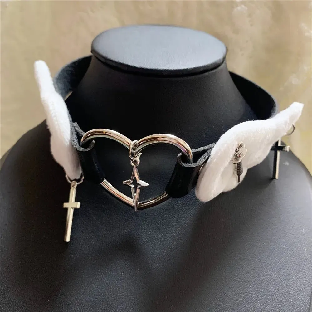 Cute Plush Winged Heart Necklaces with Cross and Sword Charms