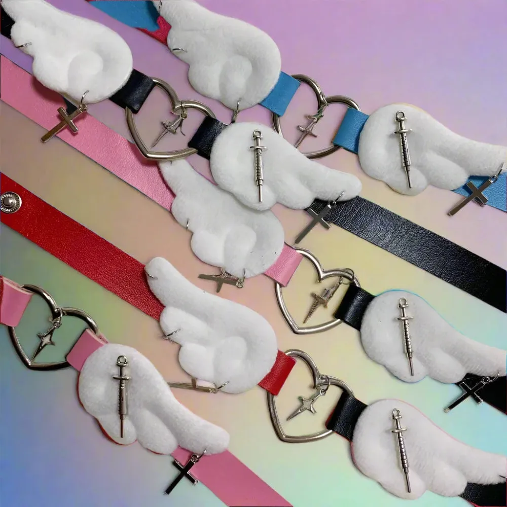 Cute Plush Winged Heart Necklaces with Cross and Sword Charms