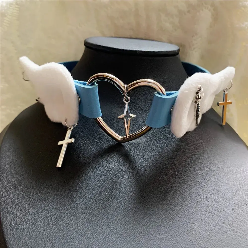 Cute Plush Winged Heart Necklaces with Cross and Sword Charms