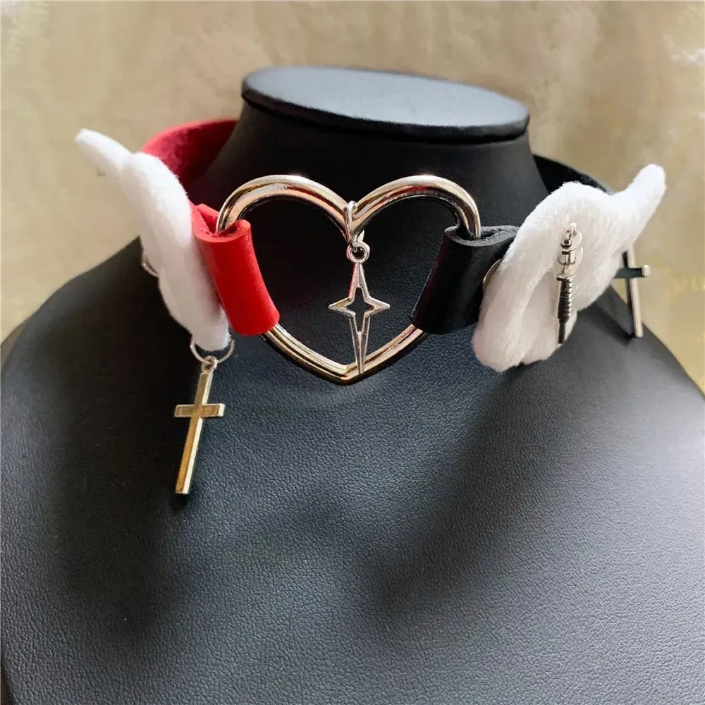 Cute Plush Winged Heart Necklaces with Cross and Sword Charms