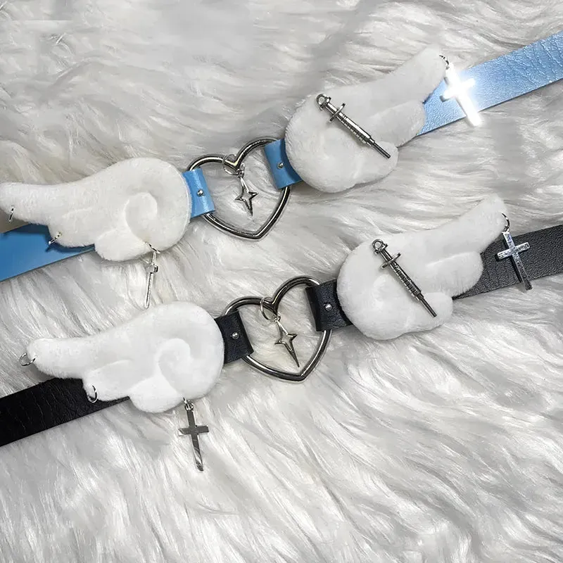Cute Plush Winged Heart Necklaces with Cross and Sword Charms
