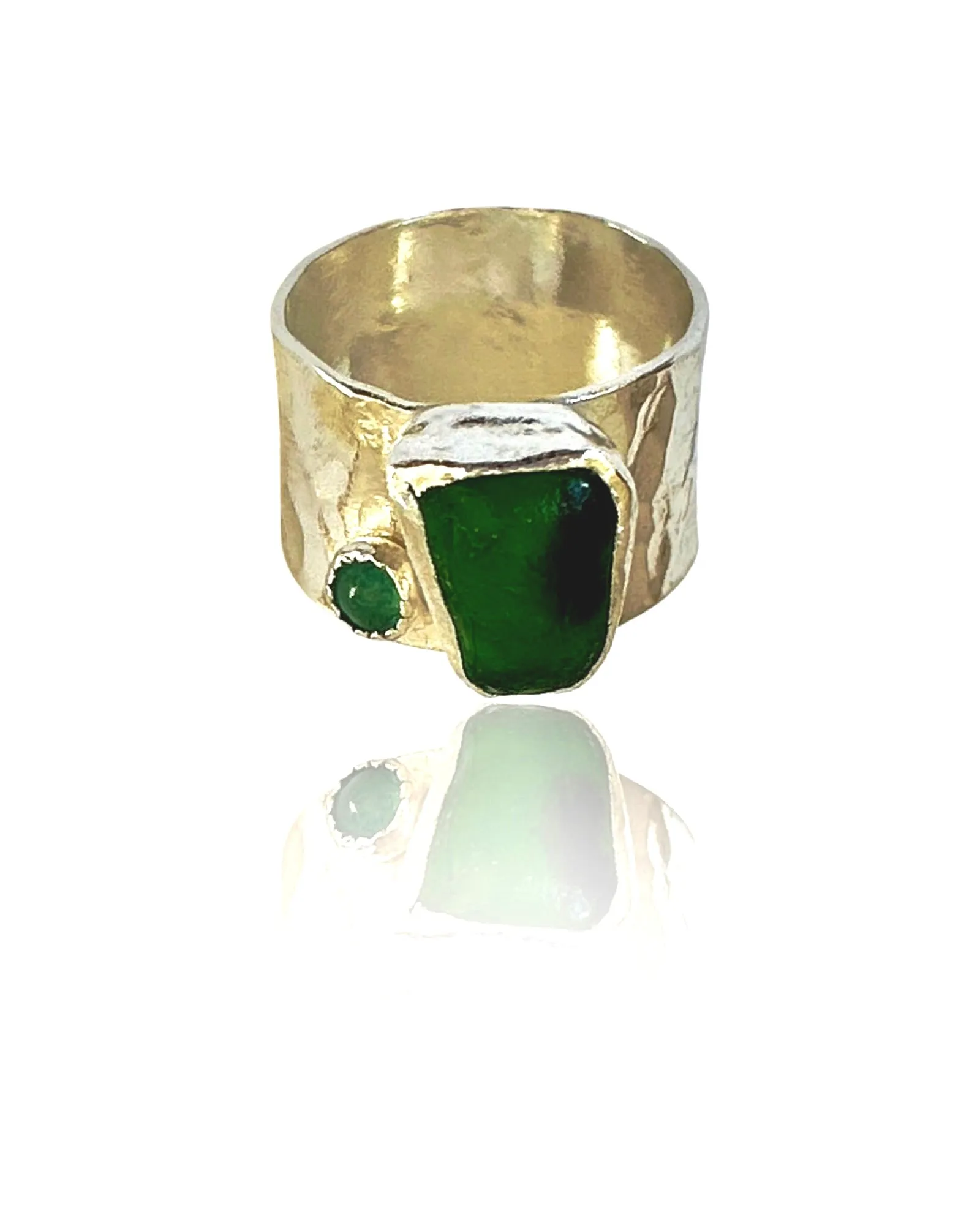 Emerald Green Ring with sea glass and emerald