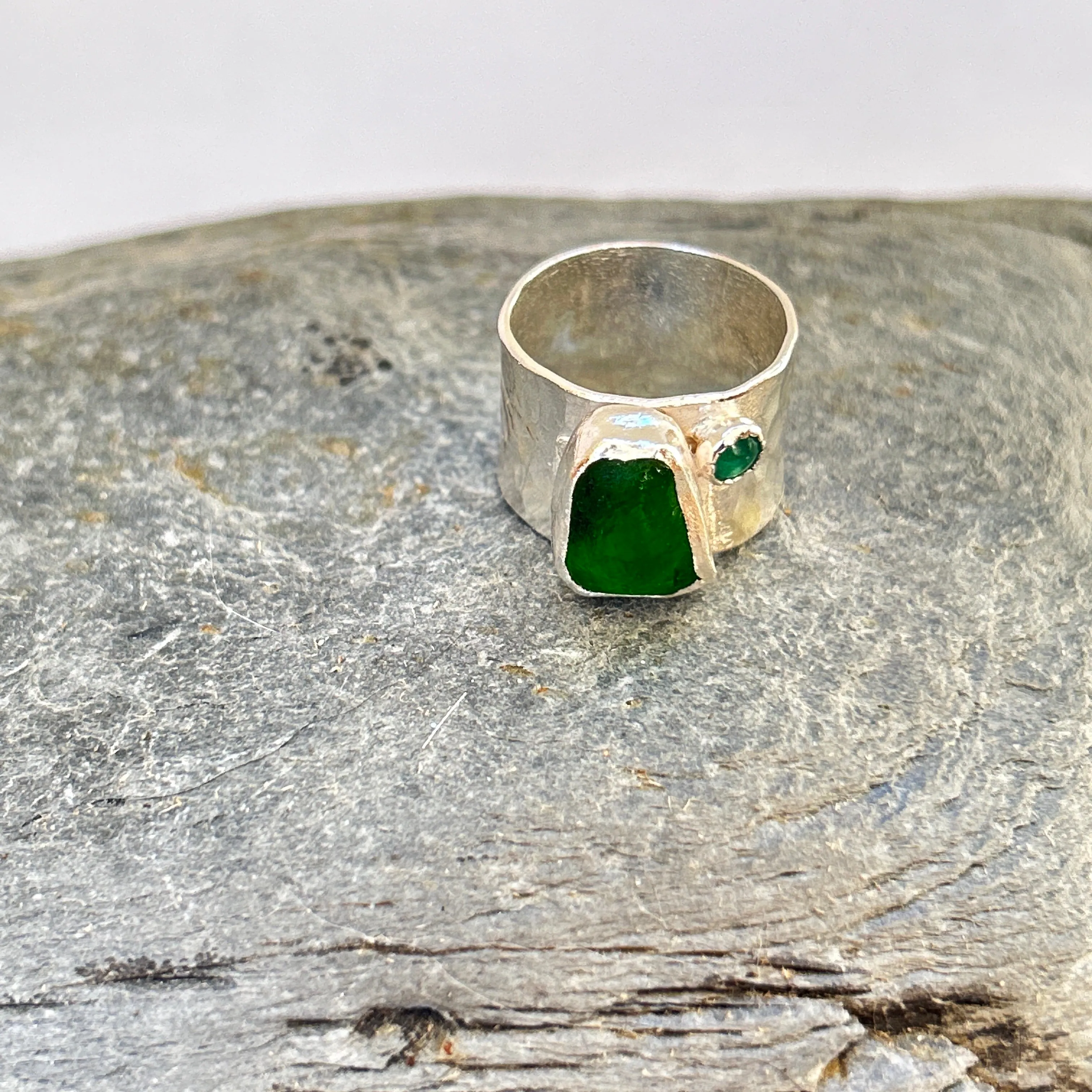 Emerald Green Ring with sea glass and emerald