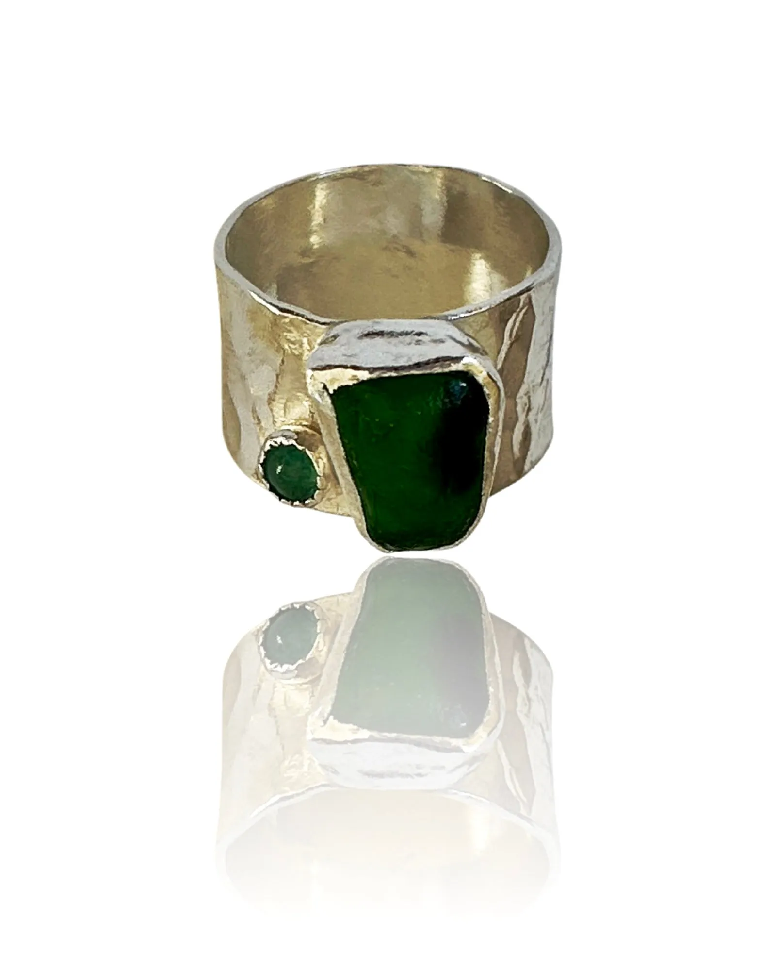 Emerald Green Ring with sea glass and emerald