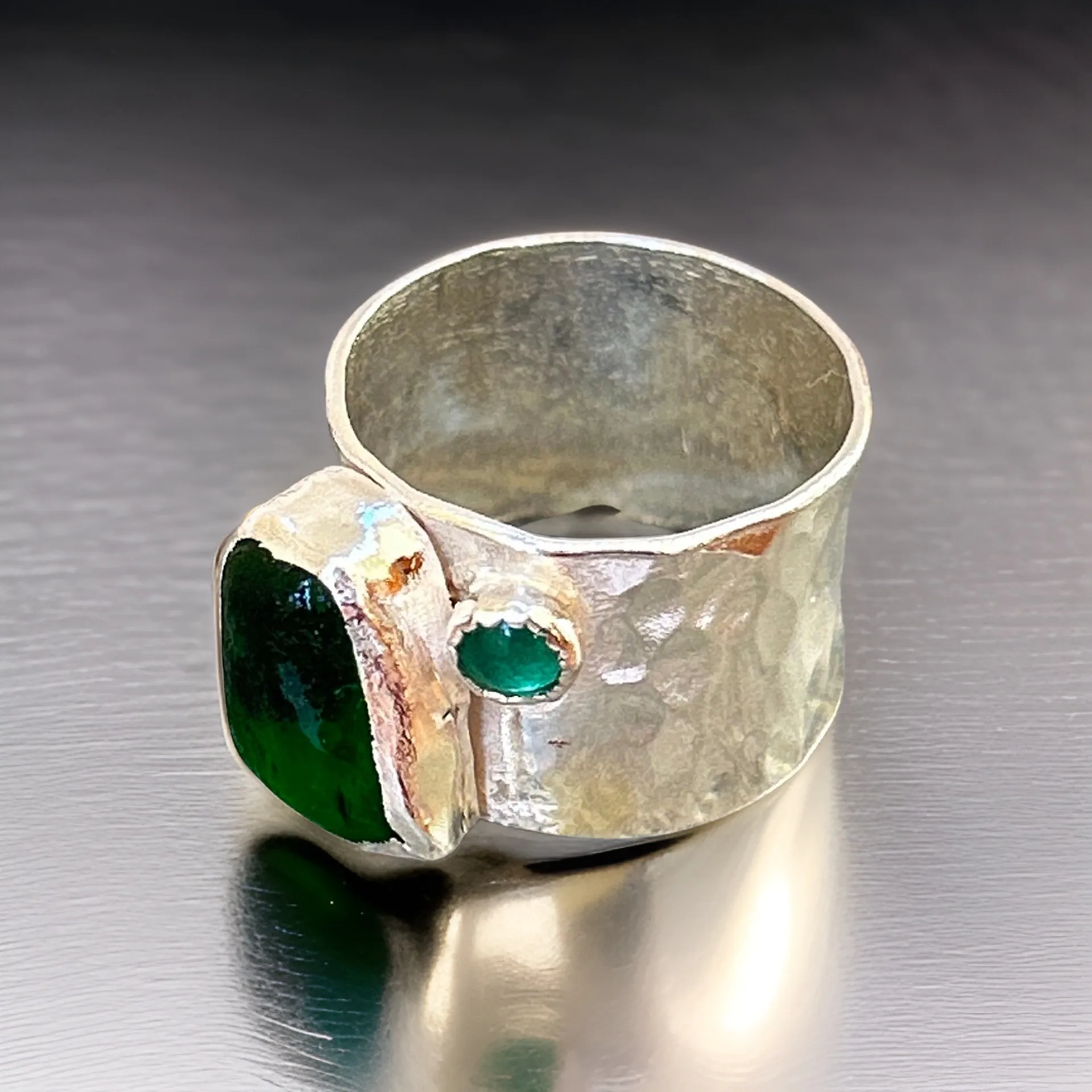 Emerald Green Ring with sea glass and emerald