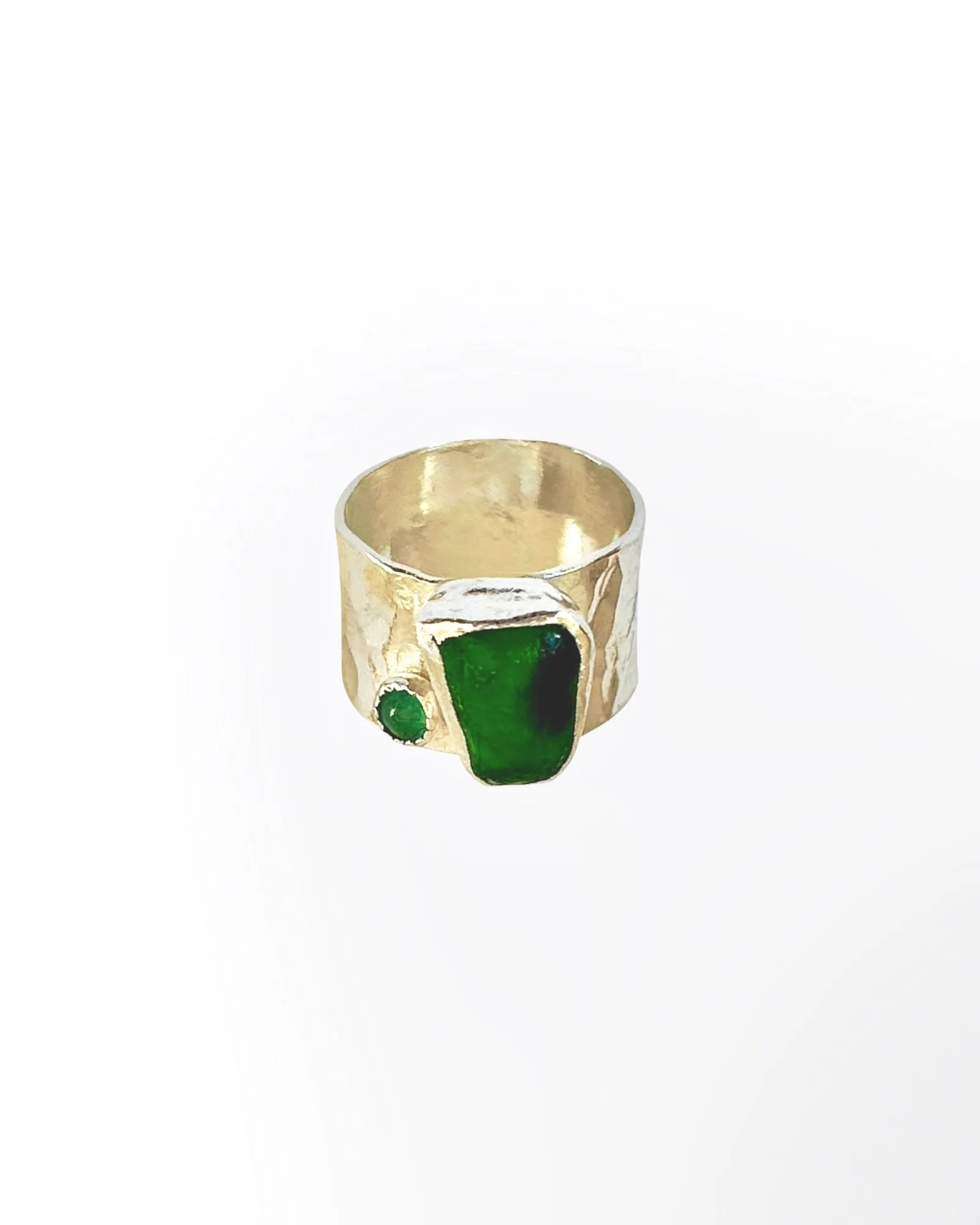 Emerald Green Ring with sea glass and emerald