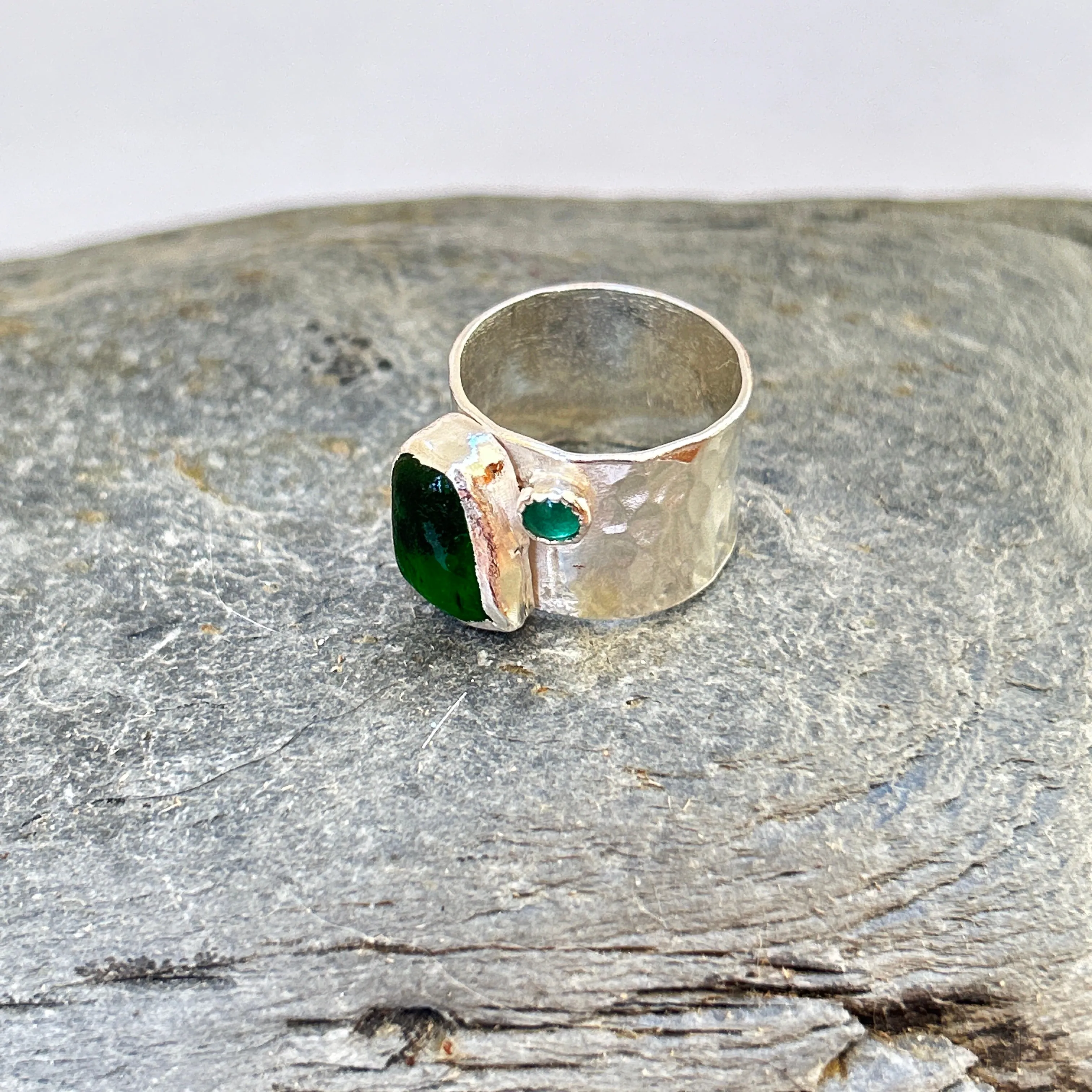 Emerald Green Ring with sea glass and emerald
