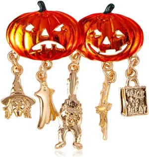 Evil Pumpkin Brooch Pin for Women Girls Gold Tone Fashion Halloween Treat or Trick Witch Charms Statement Brooches Lapel Pins Cute Fall Holiday Festival Hat Bag Suit Dress Accessories Jewelry Gift