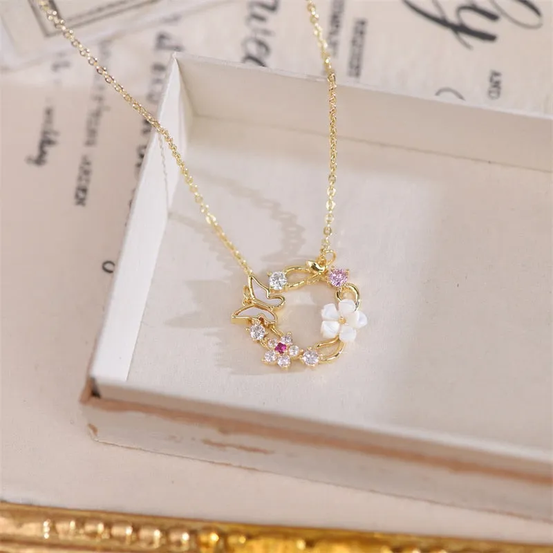 Fashion Cherry Blossoms Flower Necklace For Women Romantic Crystal Zircon Butterfly Flowers Pearl Shell Necklace Wedding Jewelry