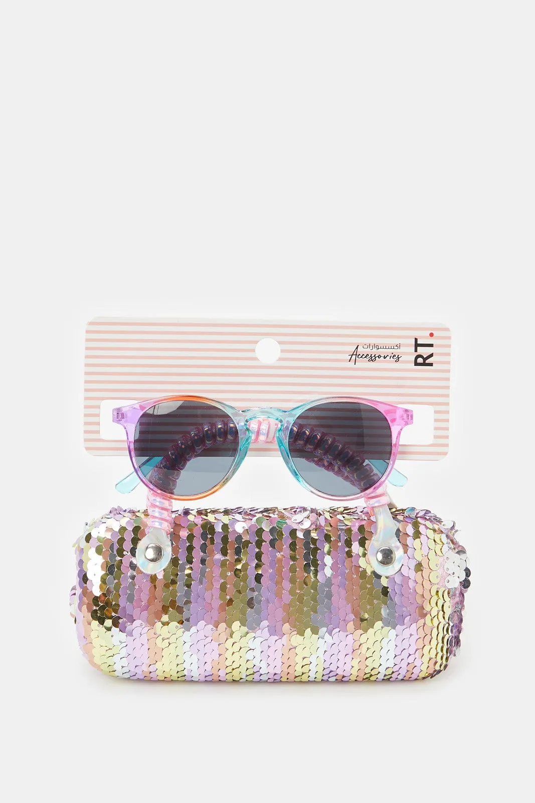 Girls Multicolour Round Sunglasses With Sequins Case (2 Piece)