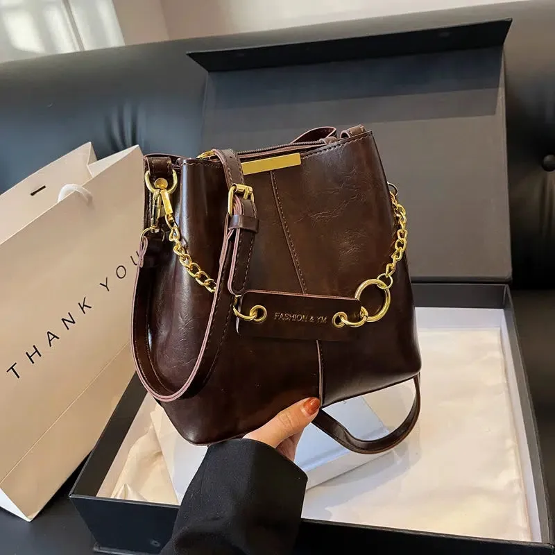 Gold Chain Strap Leather Bucket Bag
