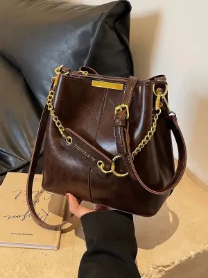 Gold Chain Strap Leather Bucket Bag