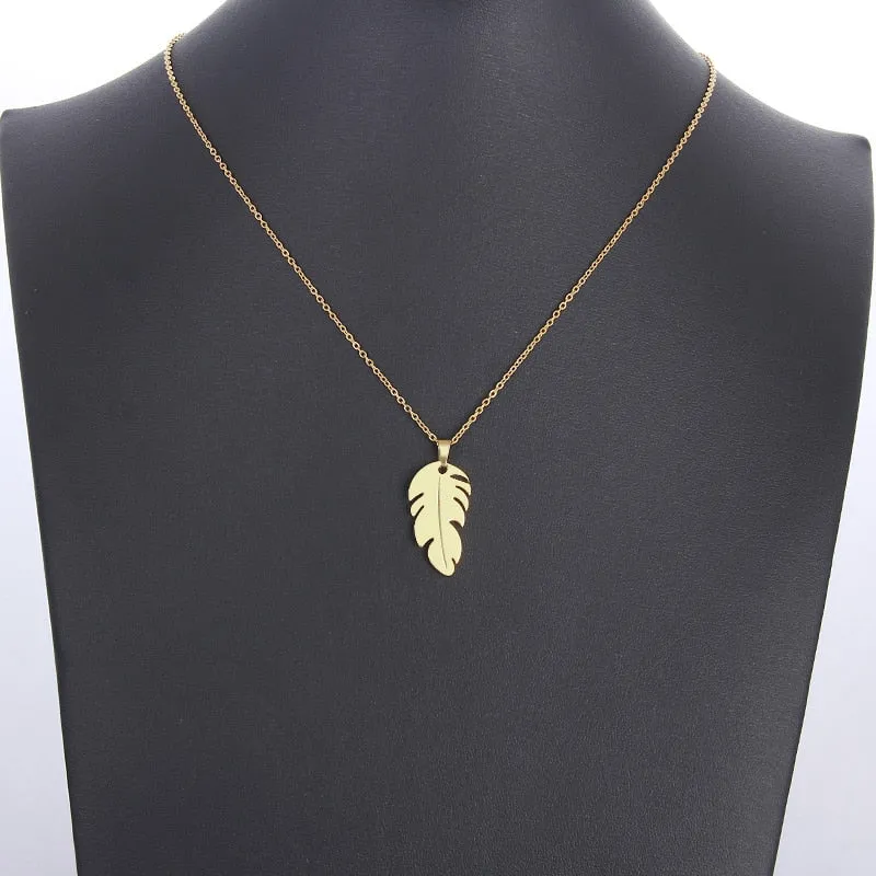 GOLD FEATHER PENDANT NECKLACE WOMEN ENGAGEMENT JEWELRY
