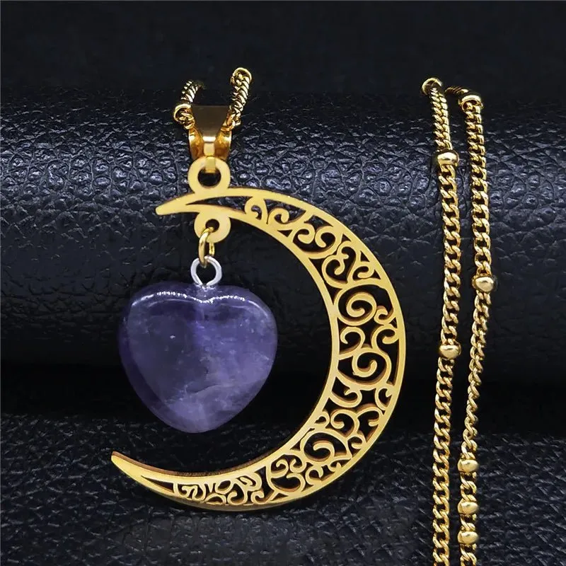 Gothic Crescent Moon Pendant Necklace with Natural Stone Heart