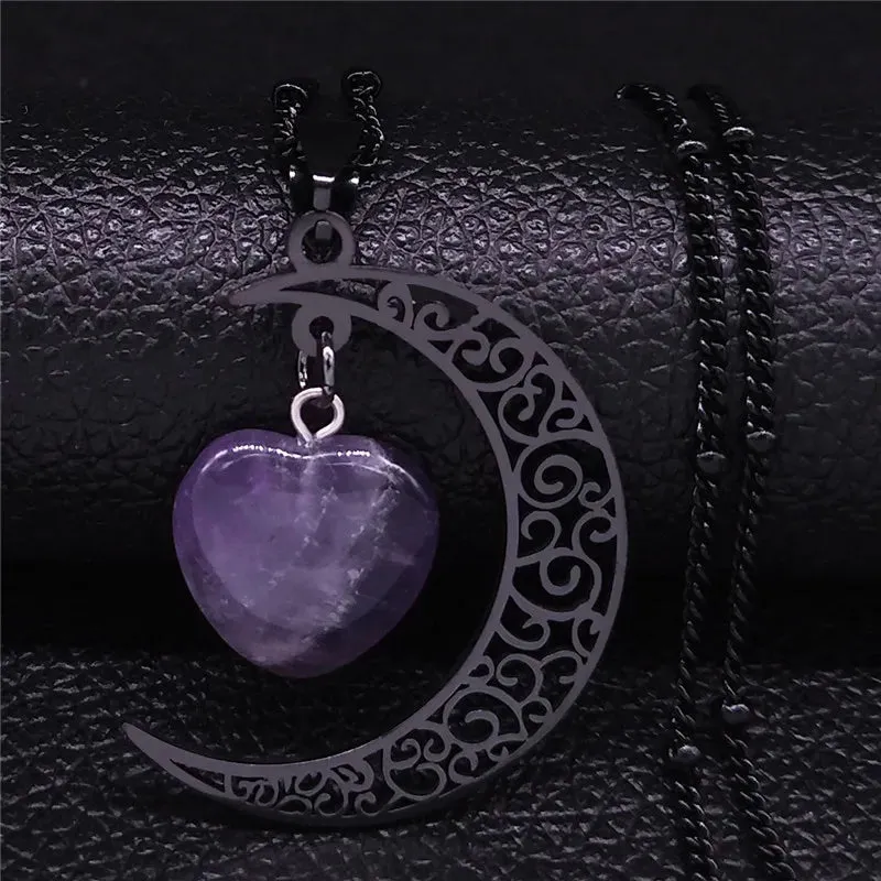 Gothic Crescent Moon Pendant Necklace with Natural Stone Heart