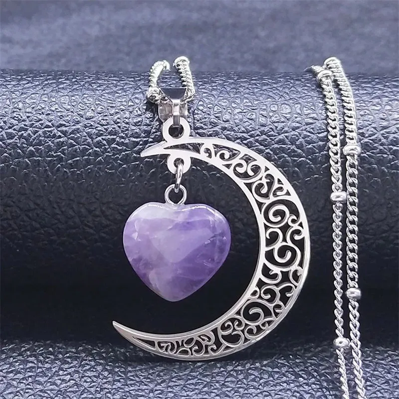 Gothic Crescent Moon Pendant Necklace with Natural Stone Heart