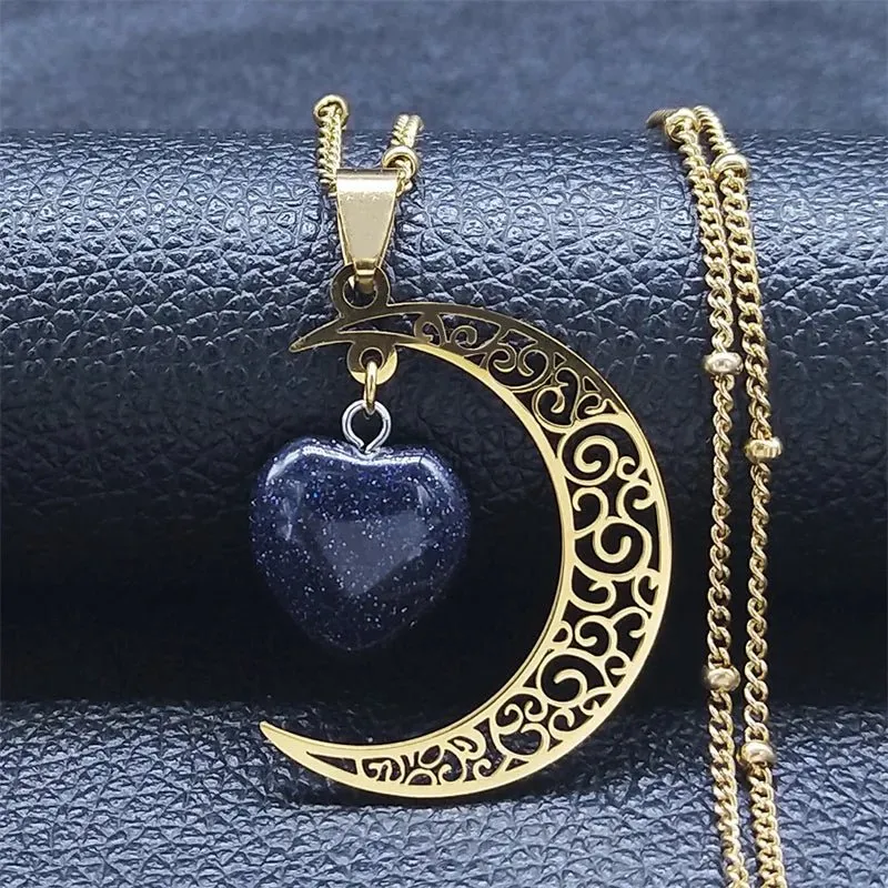 Gothic Crescent Moon Pendant Necklace with Natural Stone Heart