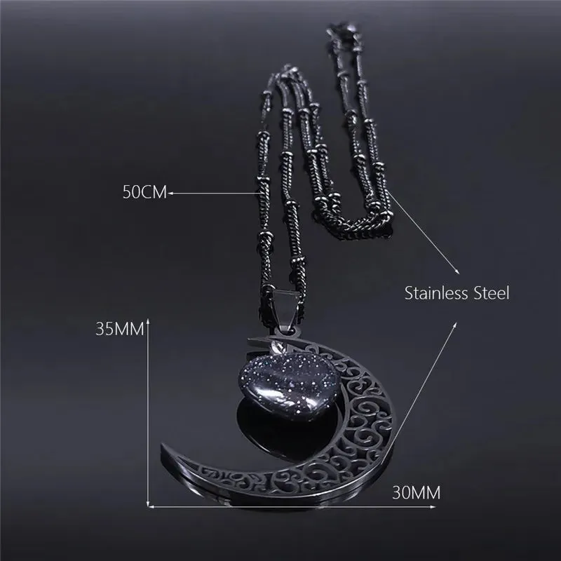 Gothic Crescent Moon Pendant Necklace with Natural Stone Heart