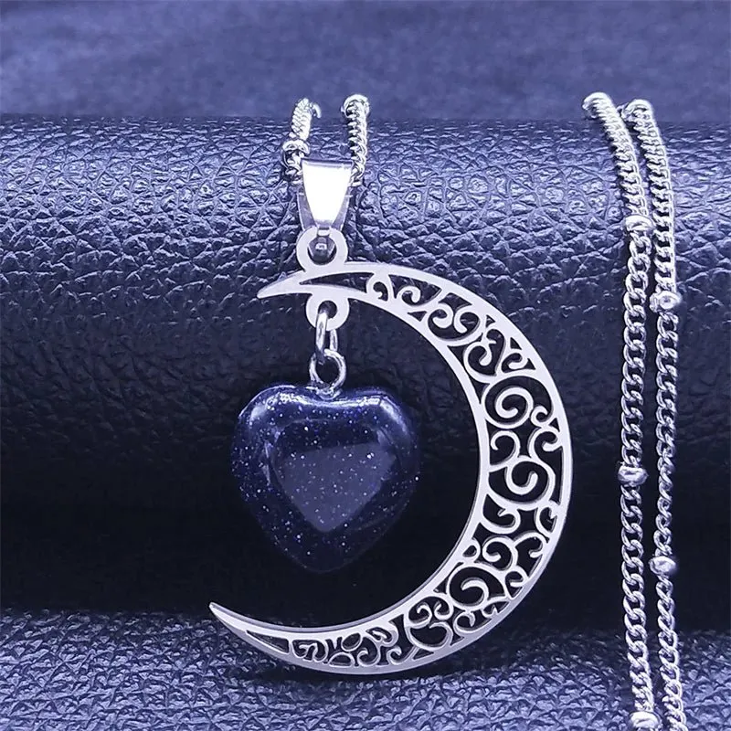 Gothic Crescent Moon Pendant Necklace with Natural Stone Heart