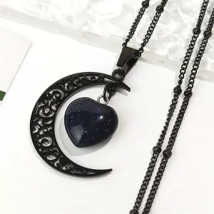 Gothic Crescent Moon Pendant Necklace with Natural Stone Heart
