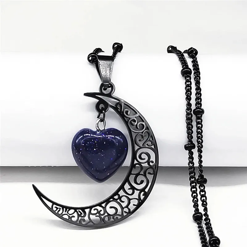 Gothic Crescent Moon Pendant Necklace with Natural Stone Heart