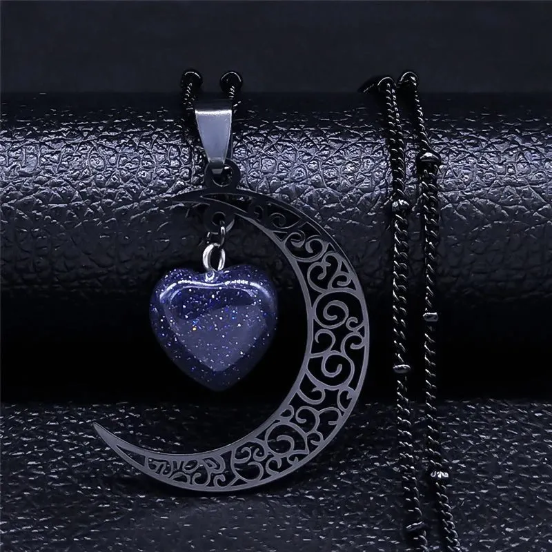 Gothic Crescent Moon Pendant Necklace with Natural Stone Heart